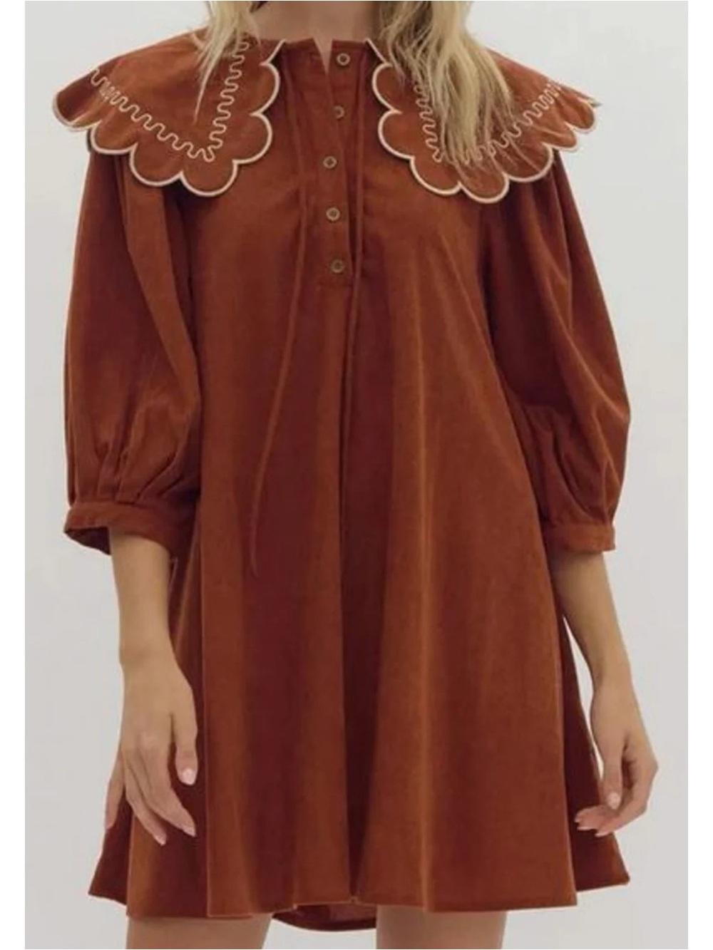 Entro Corduroy Flounce Collar Dress in ginger/brown